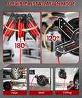 Hardcore Workhorse Retractable Air Hose Reel Runs 50 Ft Of Hybrid Polymer Tubing With Slick Auto Rewind Tech And Heavy Duty Steel Arm Wall Mounted, shown in flexible installation modes for garage use.