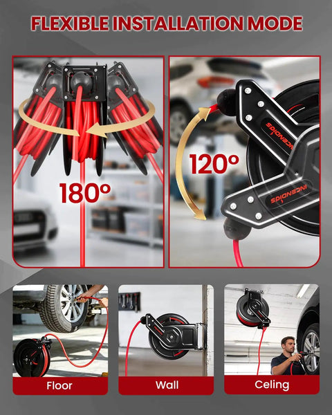 Hardcore Workhorse Retractable Air Hose Reel Runs 50 Ft Of Hybrid Polymer Tubing With Slick Auto Rewind Tech And Heavy Duty Steel Arm Wall Mounted, shown in flexible installation modes for garage use.