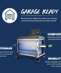 Beast Heavy Duty Shop Stool With Backrest, 500 lb capacity, blue frame, with tool storage, cupholder, and 360 degree wheels.