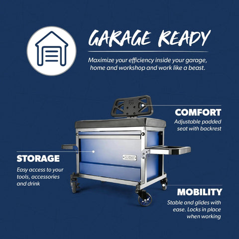 Beast Heavy Duty Shop Stool With Backrest, 500 lb capacity, blue frame, with tool storage, cupholder, and 360 degree wheels.