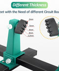 Close-up of Green Adjustable PCB Holder Soldering Clamp with thickness options for circuit boards.