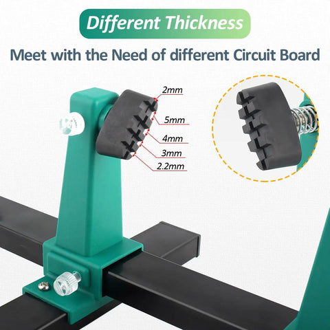 Close-up of Green Adjustable PCB Holder Soldering Clamp with thickness options for circuit boards.