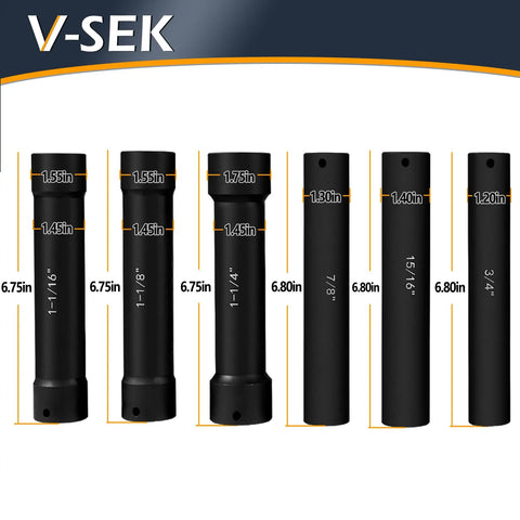 Extended Length 1/2 Inch Drive Impact Socket Set With Extra Deep Sockets Heavy Duty Steel 6-Piece High Torque Hex Sizes