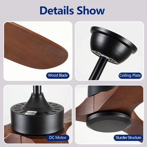 52 Inch Outdoor Ceiling Fan Without Light With 3 Solid Wood Blades, Walnut Wood Finish, showing wood blade and DC motor details