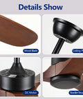 Close-up details of 60 Inch Outdoor Farmhouse Ceiling Fan With No Light And Remote Control, solid wood blades, ceiling plate, DC motor