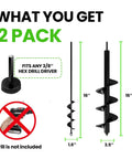 K-Brands auger drill bit set, 2-pack, 1.6x16 in and 3.5x16 in sizes for planting; fits 3/8 in hex drive