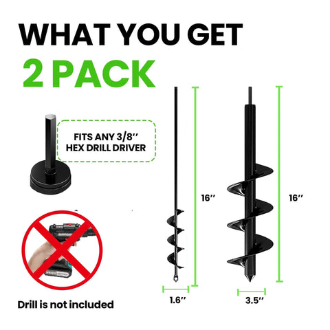 K-Brands auger drill bit set, 2-pack, 1.6x16 in and 3.5x16 in sizes for planting; fits 3/8 in hex drive