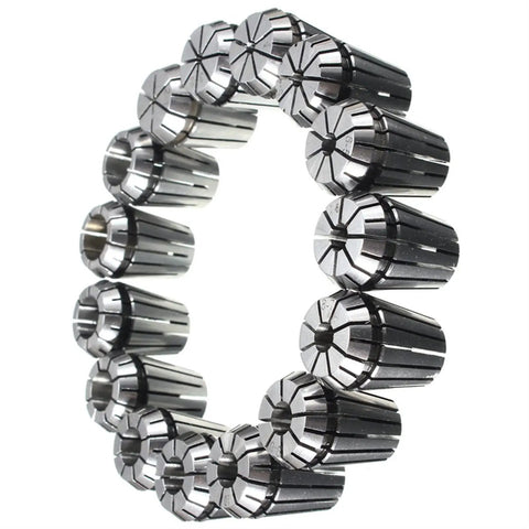 Super Sharp ER25 Collet Chuck Holder Set With 15 Precision Inserts For Milling Drilling Tapping CNC Boring And Sculpture Projects In 2-16mm Range Made From Top Tier Carbon Steel, showing precision inserts arranged in a circular pattern.