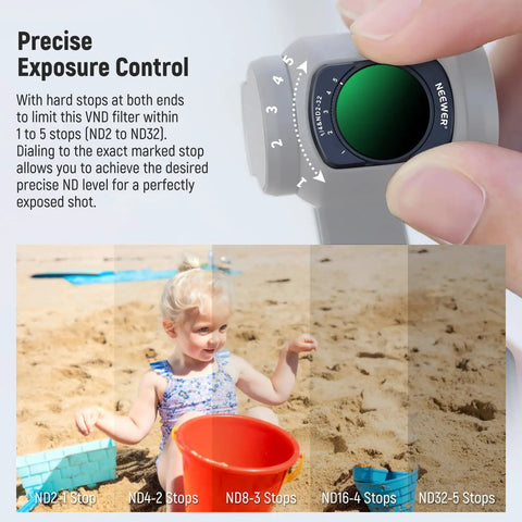 Variable ND And 1/4 Black Diffusion Filter showing exposure levels next to a child playing in the sand with beach toys.