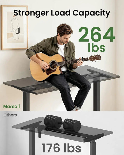 Marsail Dual Motor Electric Standing Desk Frame with 264 lbs capacity, sturdy construction, featuring a seated man playing guitar.