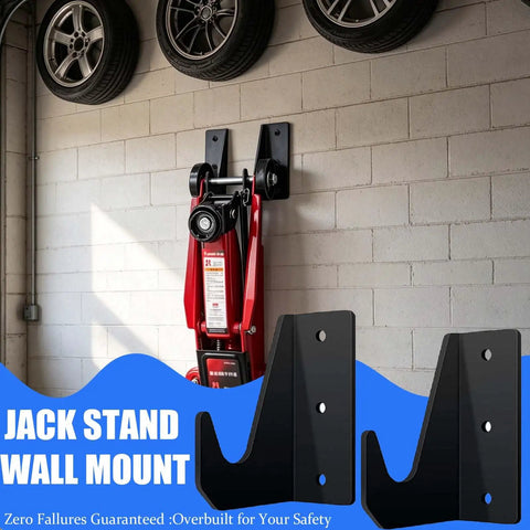 2 Pack Wall Mount Jack Stands Organizer For Floor Jacks Universal Car Jack Holder mounted on a garage wall with wheels above.