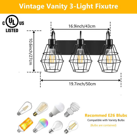 Retro Style Industrial 3-Light Vanity Light In Matte Black With Cage Design, Dope Vintage Farmhouse Wall Sconce dimensions