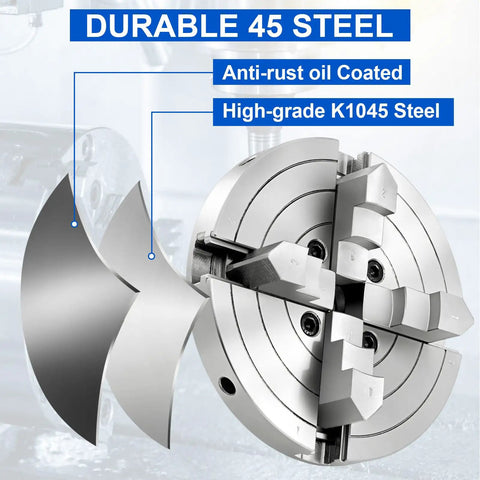 Six Inch Four Jaw Self Centering Wood Lathe Chuck Kit With 1 By 8 TPI Thread For Woodworking Projects Made of 1045 Steel