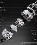 Exploded view of Rugged Alternator For Jeep Cherokee KL Series 2014-2022 3.2L V6 12V 180A With 6 Groove Decoupler Pulley Replacement Part P56029740AA TN4210007150 Lifetime Warranty showing components like rear cover, brush, regulator set, stator, and rotor.