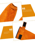 Heavy Duty Cowhide Welding Arm Sleeves Heat Resistant Flame Retardant Full Coverage Arm Protectors With Snug Elastic Grip showing snug elastic cuff details.