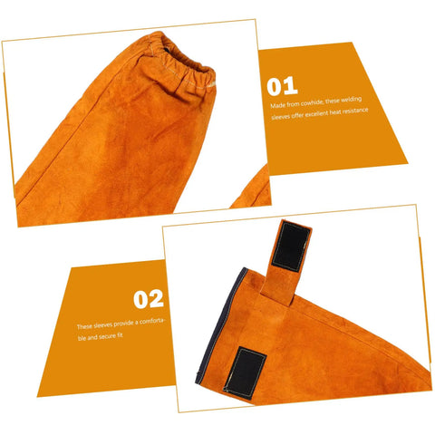 Heavy Duty Cowhide Welding Arm Sleeves Heat Resistant Flame Retardant Full Coverage Arm Protectors With Snug Elastic Grip showing snug elastic cuff details.