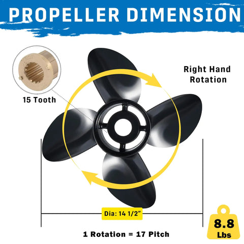 14 1/2 X 17 Aluminum Boat Propeller With 15 Spline Hub, Four Blades, Right Hand Rotation, Boosts Mercury Outboard Performance