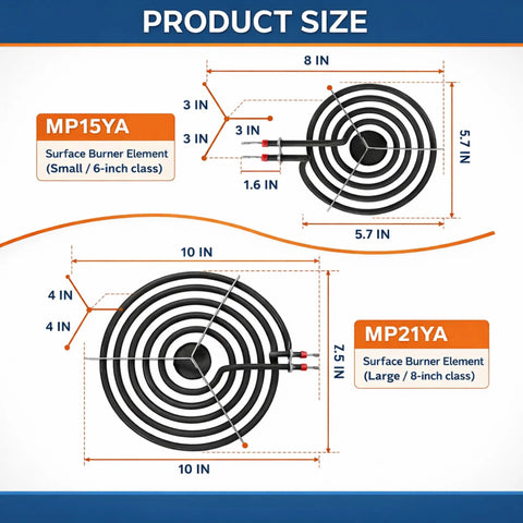 Product size diagram of 4 Pack MP22YA Electric Range Burner Element Set For 6 Inch MP15YA And 8 Inch MP21YA Replacement Burners