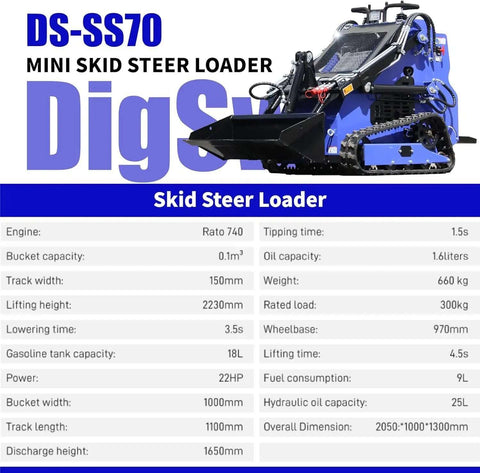 23 HP Compact Double Cooling Mini Skid Steer Loader DS SS70 Standing On Gasoline Crawler Skid Loader Specifications