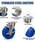 Straight Up 304 Grade Stainless Steel Casters 5 Inch Polyurethane Wheels Heavy Duty Set Of 4 rated at 2200 pounds, showing stainless steel yoke and grease fittings.