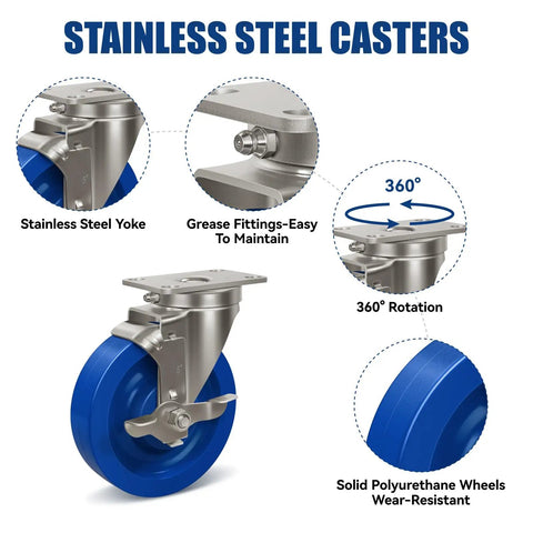 Straight Up 304 Grade Stainless Steel Casters 5 Inch Polyurethane Wheels Heavy Duty Set Of 4 rated at 2200 pounds, showing stainless steel yoke and grease fittings.