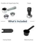 Portafilter with filters, tamper, cleaning needle, and measuring scoop for Compact Espresso Machine And Cold Brew Coffee Maker.