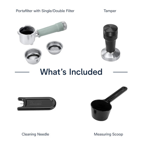 Portafilter with filters, tamper, cleaning needle, and measuring scoop for Compact Espresso Machine And Cold Brew Coffee Maker.