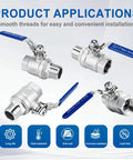 Two Pack Half Inch Full Port Ball Valve With NPT Male Female Threads Forged From Tough 304 Stainless Steel showing threaded design.