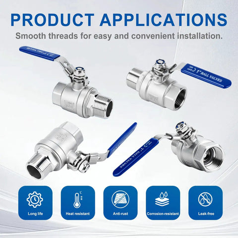 Two Pack Half Inch Full Port Ball Valve With NPT Male Female Threads Forged From Tough 304 Stainless Steel showing threaded design.