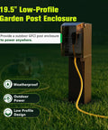 19.5 Inch Low Profile Garden Post Enclosure With Built Tough Weatherproof Rain Cover For GFCI Outlets and No Fuss Outdoor Landscape Power Box For Patios and Backyards on green grass.