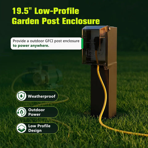 19.5 Inch Low Profile Garden Post Enclosure With Built Tough Weatherproof Rain Cover For GFCI Outlets and No Fuss Outdoor Landscape Power Box For Patios and Backyards on green grass.