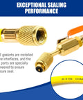Close-up of Upgrade 29985 Plus II One Quarter Inch HVAC Hose with Ball Valve, showing brass fittings and yellow refrigerant hose.