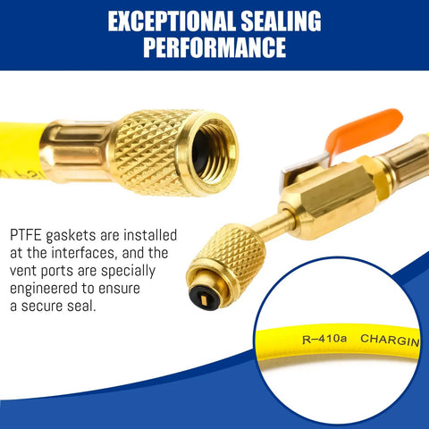 Close-up of Upgrade 29985 Plus II One Quarter Inch HVAC Hose with Ball Valve, showing brass fittings and yellow refrigerant hose.