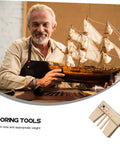 Model maker showcasing Wooden Mooring Tools Set for Ship Building Models with scale display next to a ship model.