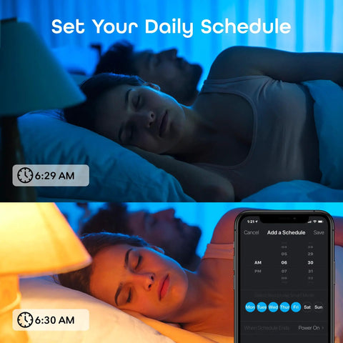 Couple sleeping with WiFi Smart E12 B11 Candle Bulb 40W Equivalent Multicolor Dimmable LED set to schedule mode using app