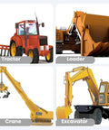 Collage of yellow construction equipment: tractor, loader, crane, excavator