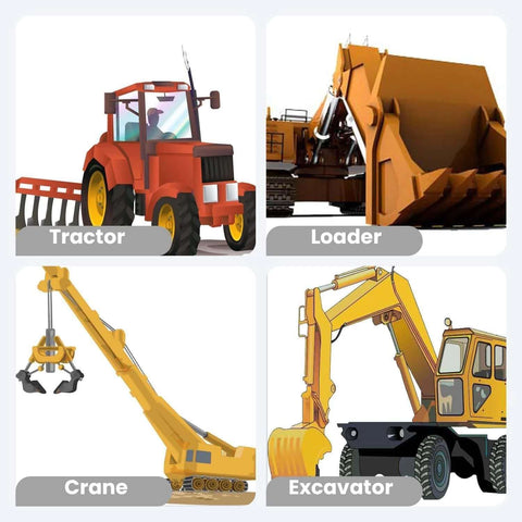 Collage of yellow construction equipment: tractor, loader, crane, excavator
