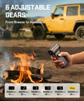 B10 Pro Max Cordless Electric Air Duster with 130000 RPM for outdoor use, showing 6 adjustable speeds beside a campfire.