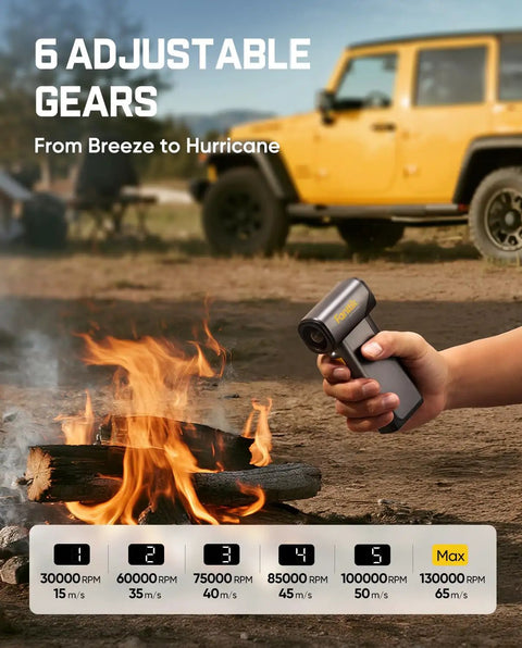 B10 Pro Max Cordless Electric Air Duster with 130000 RPM for outdoor use, showing 6 adjustable speeds beside a campfire.