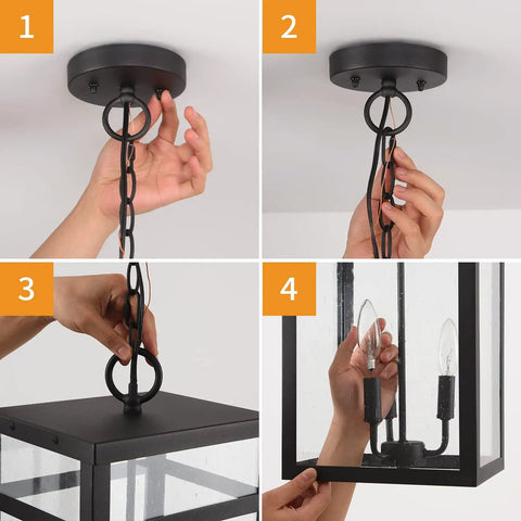 Three Light Outdoor Indoor Pendant Light Black Exterior With Seeded Glass Shade installation steps and mounting details