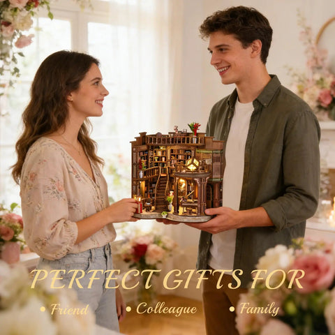 Couple holding Cozy Chill Book Nook Kit For Adults, DIY Miniature Dollhouse Kit With 3D Wooden Puzzles and LED light