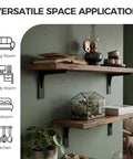 Heavy Duty L Shelf Brackets Matte Black Stainless Steel Floating Shelf Mounts for wood shelving in living room decor.