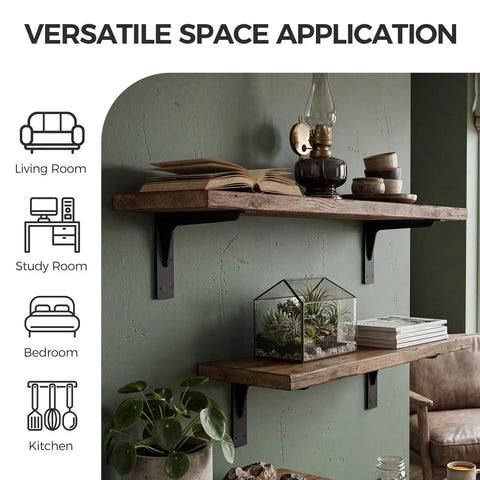 Heavy Duty L Shelf Brackets Matte Black Stainless Steel Floating Shelf Mounts for wood shelving in living room decor.