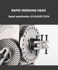 Heavy Duty Precision Dividing Head With Three Jaw Chuck And Full Sweep Rotary Table Tailstock Mount For Benchtop Milling Machines, close-up view of rapid indexing head.