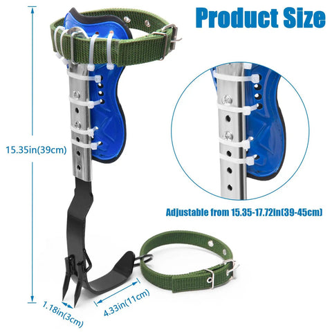 Tree Climbing Spikes Set With Adjustable Climbing Belt showing product size and ergonomic foot plates