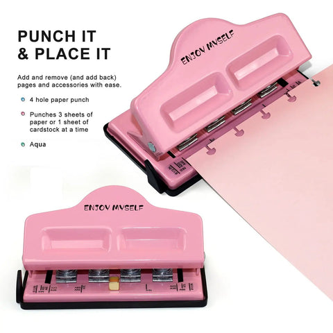 Pink Mushroom Discbound Hole Punch for Four Holes, adjustable for A4 to A3 paper, all-metal with rubber base, punches up to five sheets.