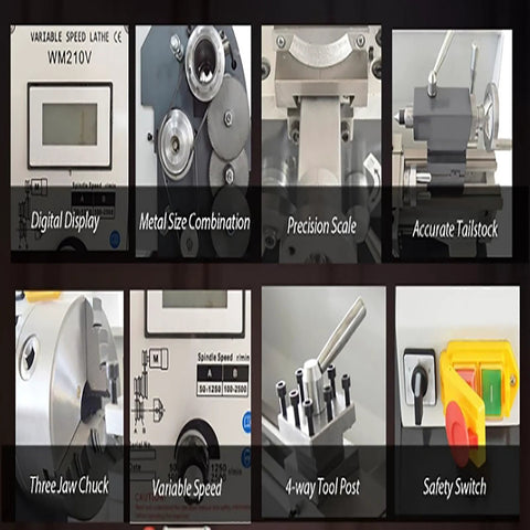 Mini lathe machine, benchtop metal lathe collage showing digital display, 3-jaw chuck, tailstock, safety switch