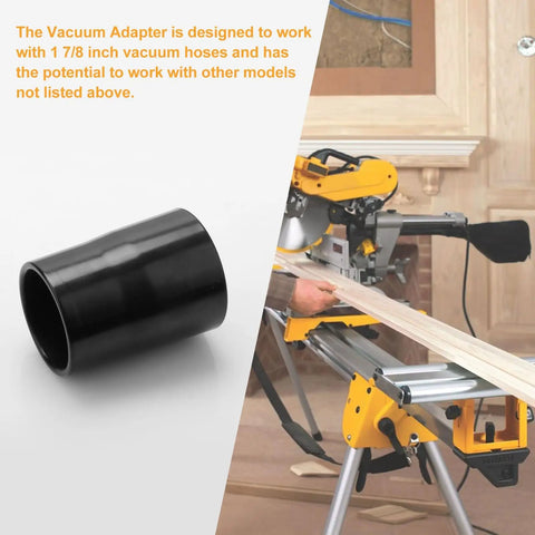 Slick Miter Saw Dust Port Adapter For DWS779 And DWS780 features black vacuum adapter for 1 7/8 inch hoses next to miter saw.