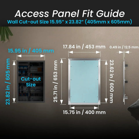 Access panel fit guide with dimensions showing cut-out size for Push To Open Drywall Access Panel 16 By 24 Inch.