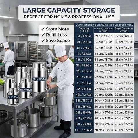 Heavy Duty 1.3 To 7.4 Gallon Stainless Steel Milk Jug With Secure Silicone Gasket Lid Food Grade Water Storage Pail displayed in a kitchen.